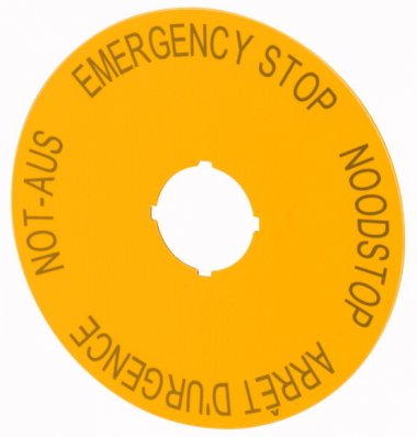 Фотография товара 'Eaton Знак, аварийная остановка , желтый, D = 90 мм, 4-х языках , DE , EN, NL , FR M22-XAK3'