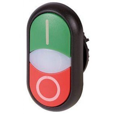 Фотография товара 'Eaton Сдвоенная кнопка с сигнальной лампой, без фиксации, цвет зеленыйPlusкрасный с обозначением I O, черное лицевое кольцо M22S-DDL-GR-X1/X0'