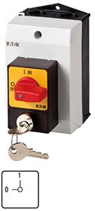 Фотография товара 'Eaton Аварийный выключатель, корпус запираемый, 3P, Ie = 12A, красная ручка, 0-1 Пол., 90 °, 48х48 мм T0-2-1/I1/SVC(S)-RT'