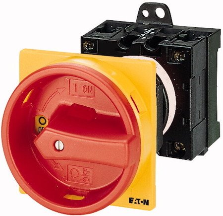 Фотография товара 'Eaton Главный выключатель , специальная конструкция, 1 контактный модуль , Ie = 25A , красно-желтая ручка , заднее крепление T3-1-SOND*/V/SVB'