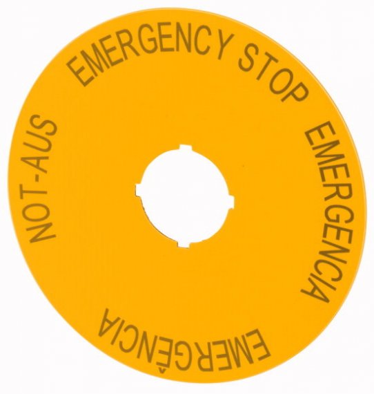 Фотография товара 'Eaton Знак, аварийная остановка , желтый, D = 90 мм, 4-х языках , DE , EN , ES, PT M22-XAK2'