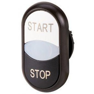 Фотография товара 'Eaton Двойная кнопка с сигнальной лампой с обозначением "start", "stop", цвет белый/черный, черное лицевое кольцо M22S-DDL-WS-GB1/GB0'